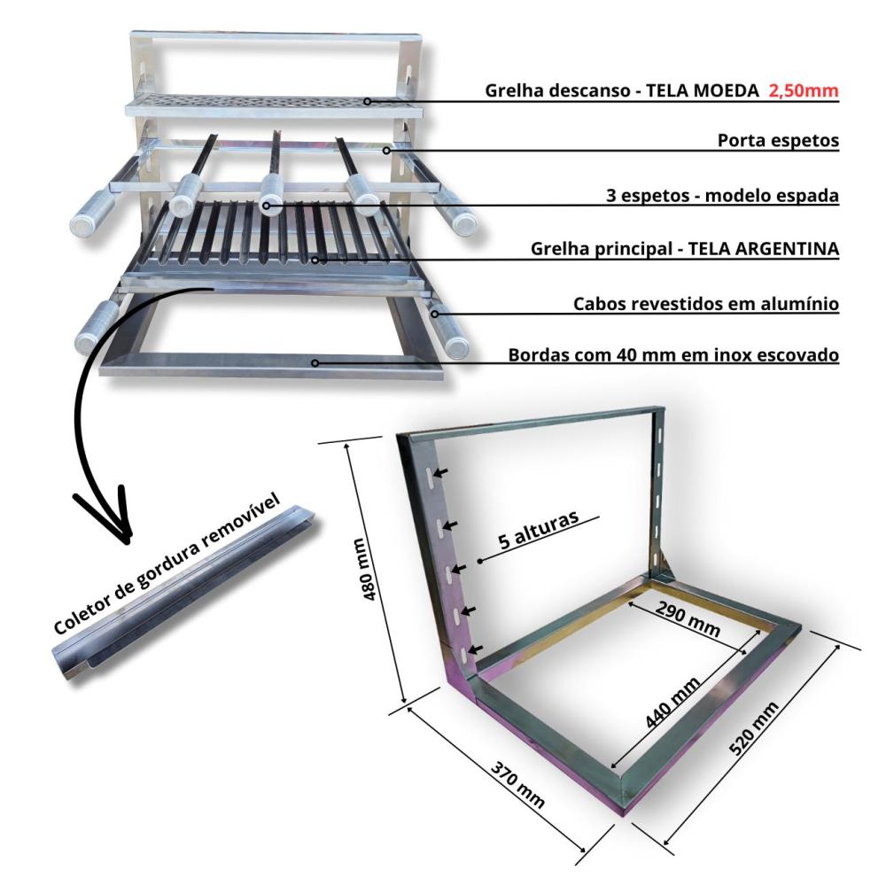 Kit Churrasqueira Braseiro 45x30 com Grelha Argentina Coifa Inox 70x50