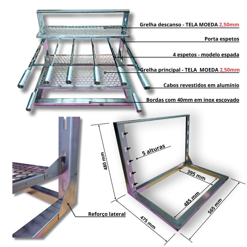 Kit Churrasqueira Coifa 80x60 Gourmet Grill Curvas Braseiro 50x40