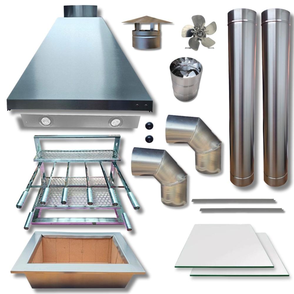 Kit Churrasqueira Coifa 80x60 Inox Grill Curvas 90 Braseiro 50x40