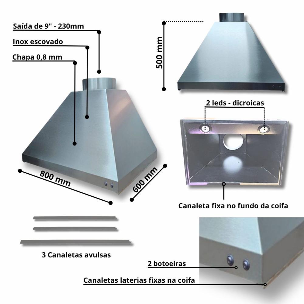 Kit Churrasqueira Inox Coifa 80x60 Braseiro 50x40 Capa + Painel