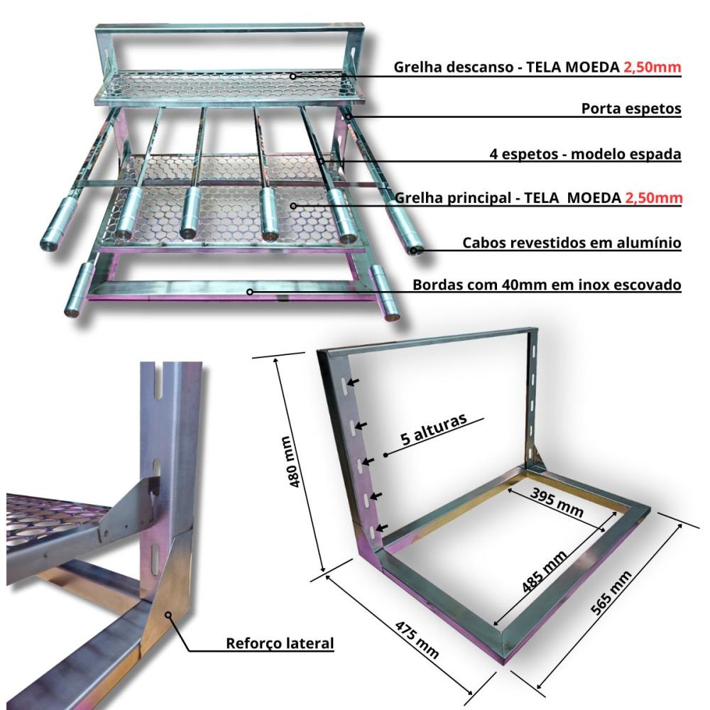 Kit Churrasqueira Inox Coifa 80x60 Braseiro 50x40 Capa + Painel